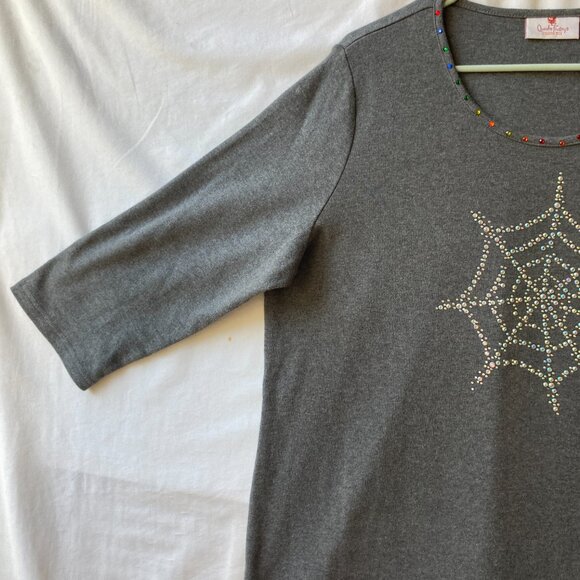 Quacker Factory Womens Shirt Spider Web Size Large Gray Grey Jersey Rhinestones - Picture 4 of 16